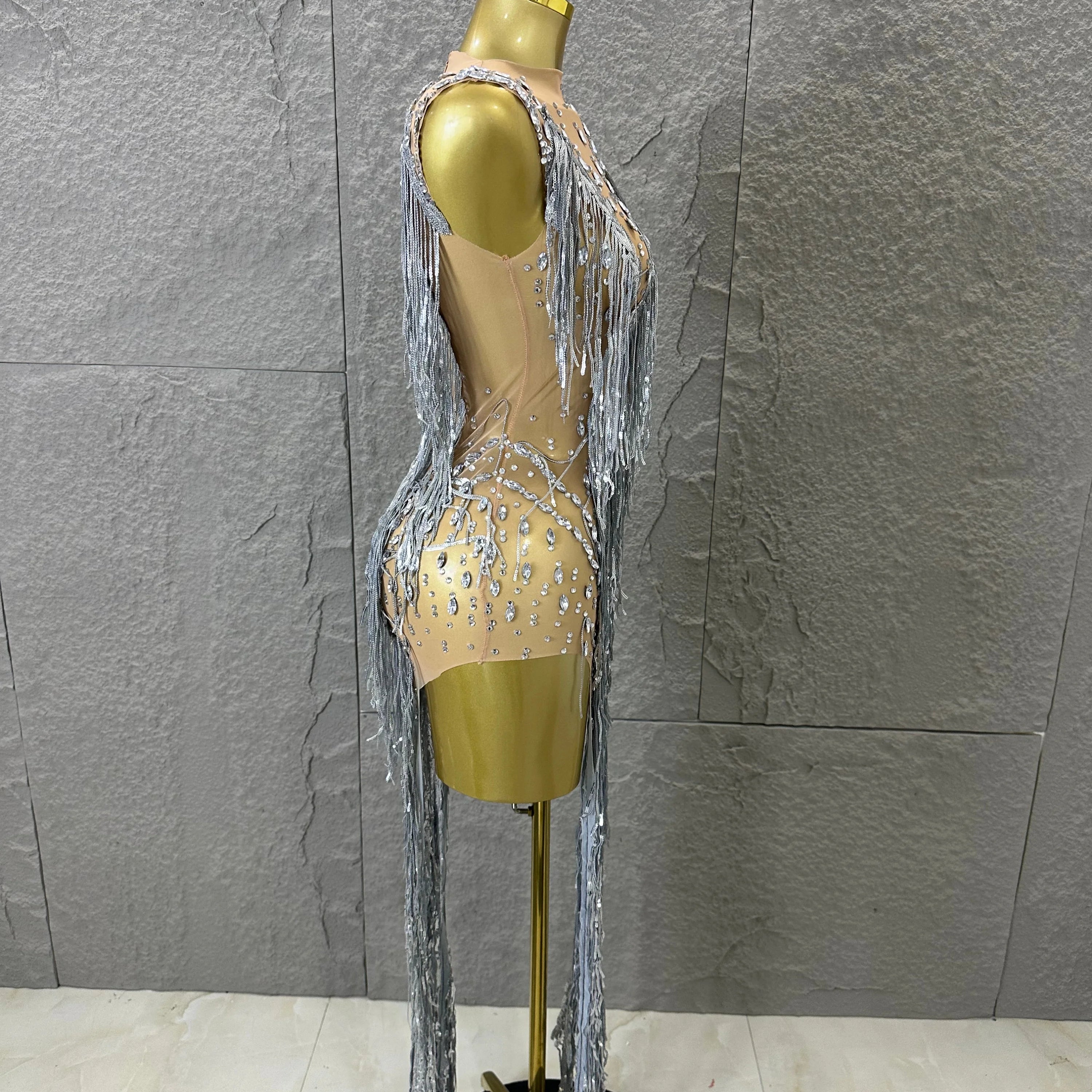 Luxury See Through Mesh Silver Rhinestone Long Tassel Dress Sleeveless Fitted Bodycon Formal Evening Wedding Guest Cocktail Gown