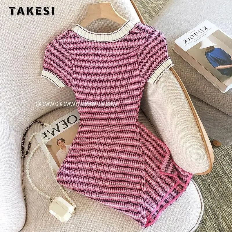 Women Short Sleeve Round Neck Striped Luxury Sheath Mini Dresses Summer Patchwork High Waist Slim Fit Knitting Dress