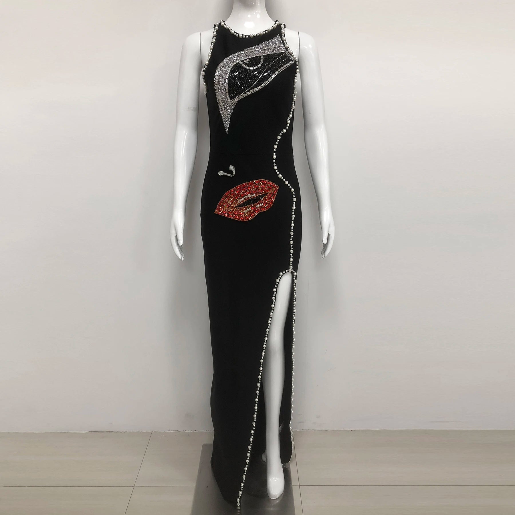 Big Eyes And Red Lips Patterned Diamonds High Slit Black Long Dress Woman Birthday Party Vestido Celebrity Party Outfit