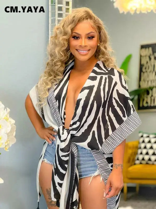 Elegant Zebra Striped Women 3d Printed Tie Up Open Stitched Batwing Sleeve Shirt Blouse Tops