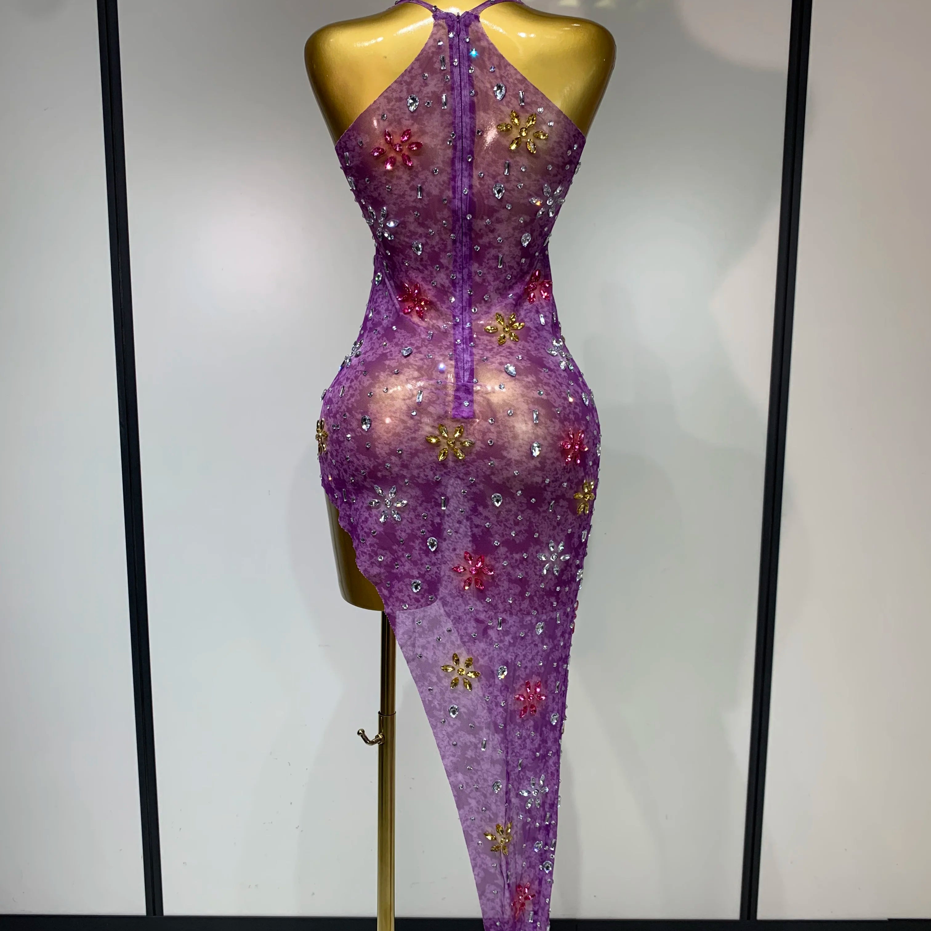 Women Sexy Mesh See Through Stretchy Sparkly Rhinestone Performance Costume Stage Dancer Nightclub Party Luxury Birthday Dress