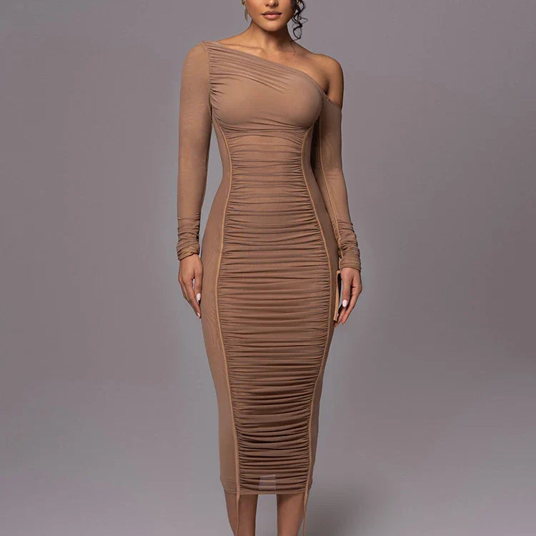 Diagonal Collar Long Sleeve Midi Dress For Women Two Layer Mesh Backless Ruched Bodycon Club Party Sexy Long Dress Brown