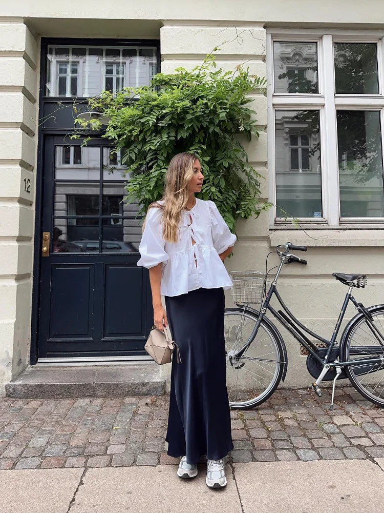 Bow Tied Lace Up Shirt Women Pleats Office Puff Sleeve Female Chic Slim Solid Tops Summer Sweet Lady V Neck Tops