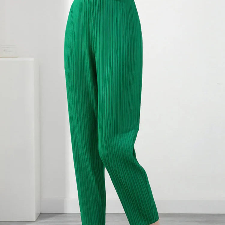 LANMREM Pleated Solid Color Harem Pants Women Pocket Elastic High Waist Female Fashion Ankle-length Trousers Summer 2I576