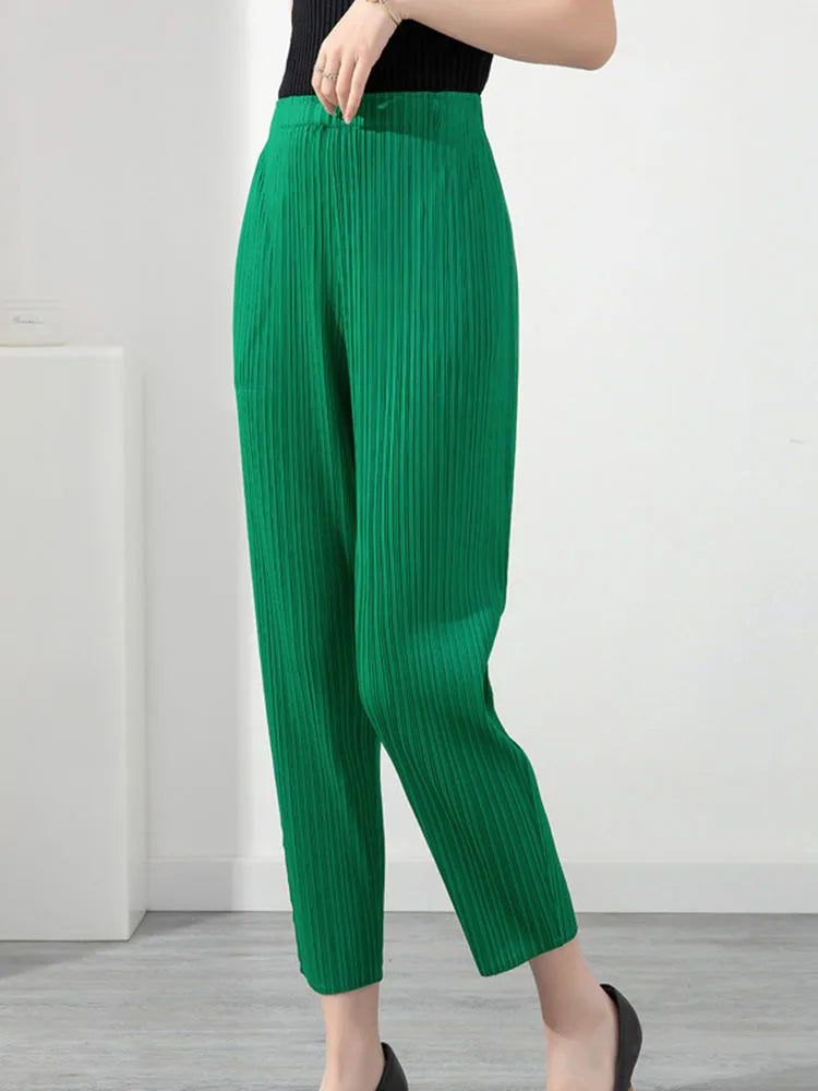 LANMREM Pleated Solid Color Harem Pants Women Pocket Elastic High Waist Female Fashion Ankle-length Trousers Summer 2I576