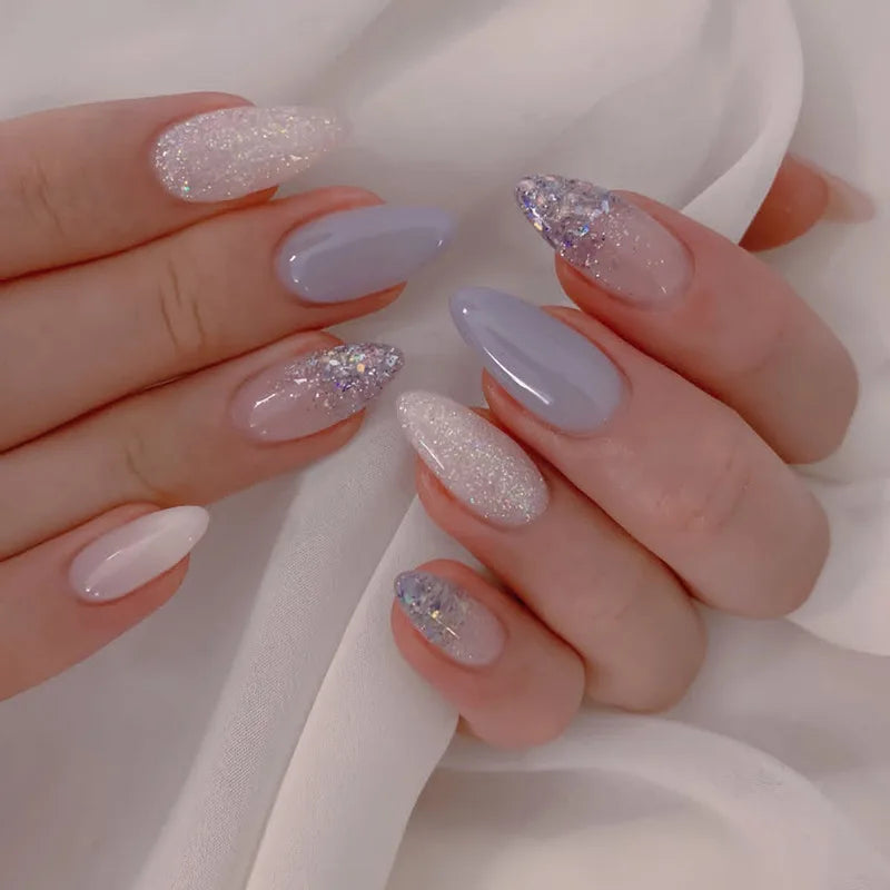 24Pcs Simple False Nails French Design Short Almond Fake Nails Glitter Blue Round Head Full Cover Nail Tips Oval Press on Nails 1899