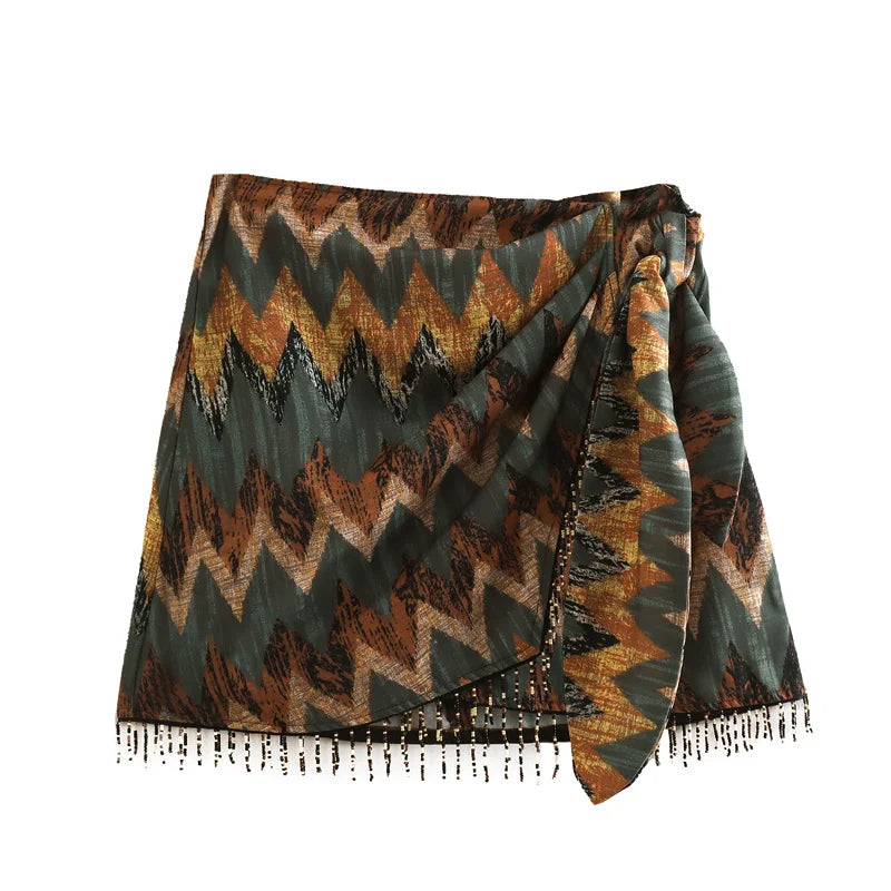 Summer New Vintage Geometric Print Mini Skirt Side Knotted Sarong Beaded Fringe Wrap Vestidos Casual Zip Short Skort Mujer Brown