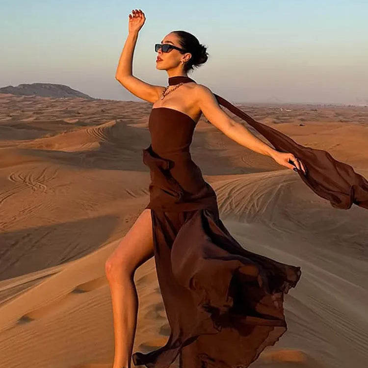 Elegant White Gauze Off Shoulder Long Dress Women Fashion Sleeveless Backless A-line Vestidos 2025 New Lady Vocation Beach Robes MULTI