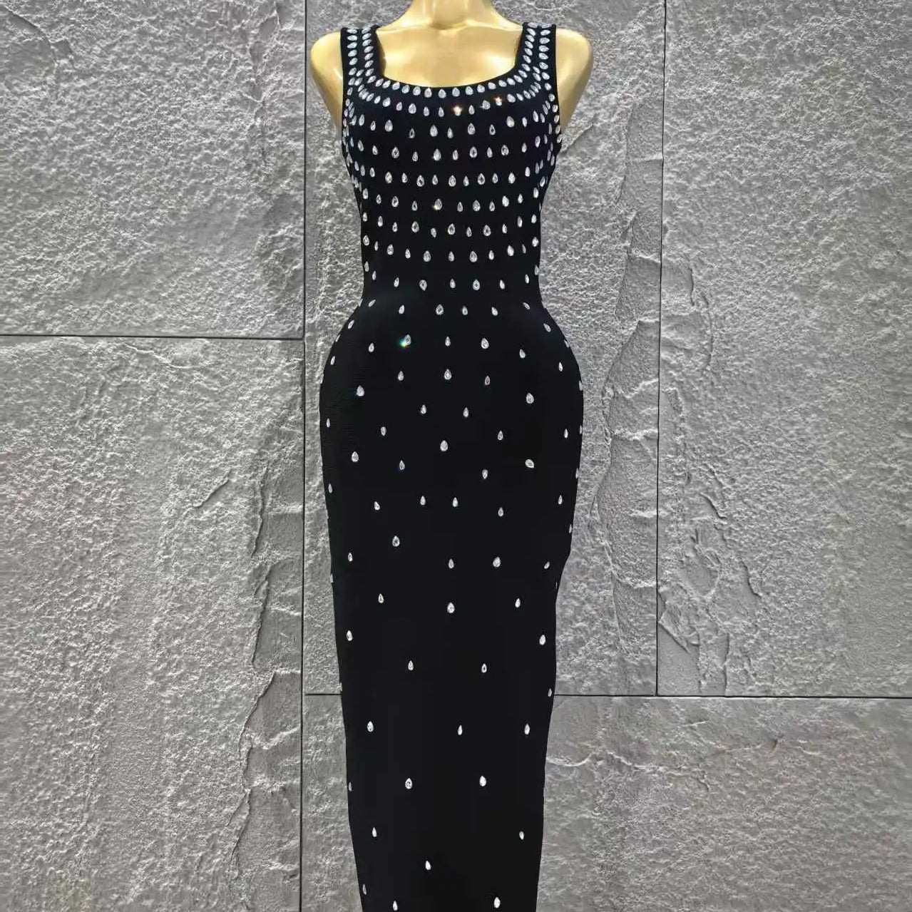Women Sleeveless Sexy O-Neck Shinning Crystal Bodycon Long Bandage Dress Celebrity Red Carpet Evening Party Outfit black