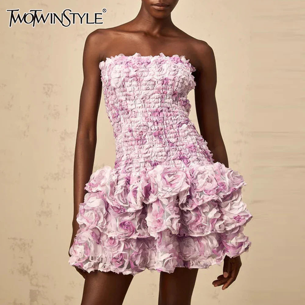 Colorblock Fashion Temperament Dresses for Women Strapless Sleeveless Patchwork 3D Flowers Dress Female Clothing