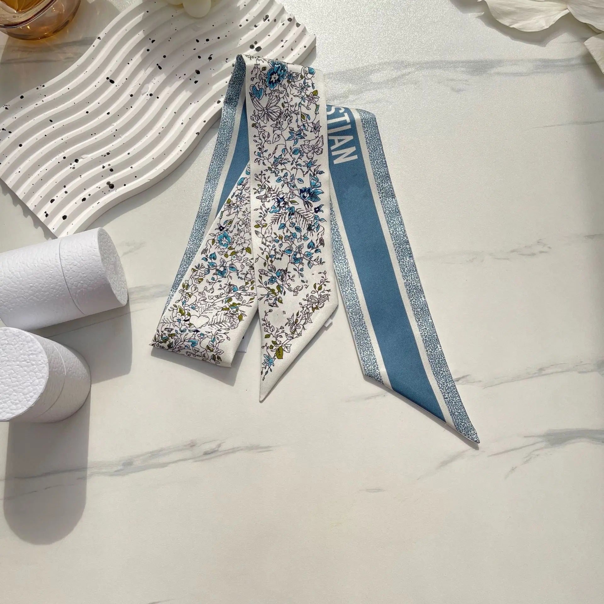 Brand CD Butterfly Around the World Women's Ribbon Scarf Twill Silk Mulberry Silk Long Small Silk Scarf Neckerchief Bags Tie HD blue