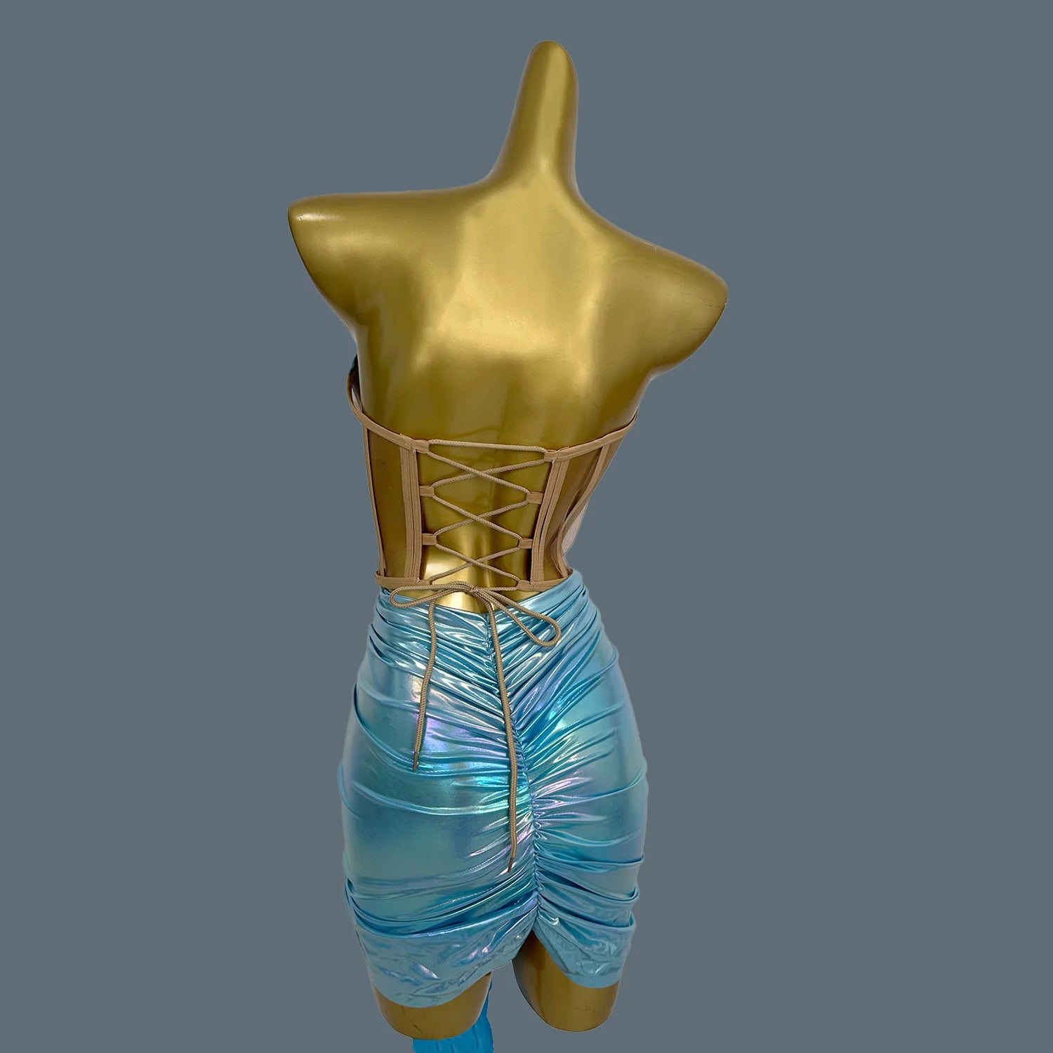 Shine Bandage Strapless Top Mini Skirt 2Pcs Blue Set for Women Sexy Club Dance Wear Bar Celebrate Evening Birthday Dress Yaoxia