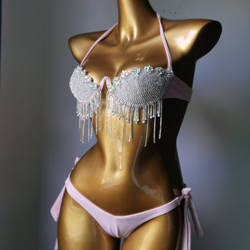 Push Up Gathered Sexy Bikini Luxury Crystal Diamond Women's Swimsuit High-End Rhinestone Tassels Swimwear Biquini