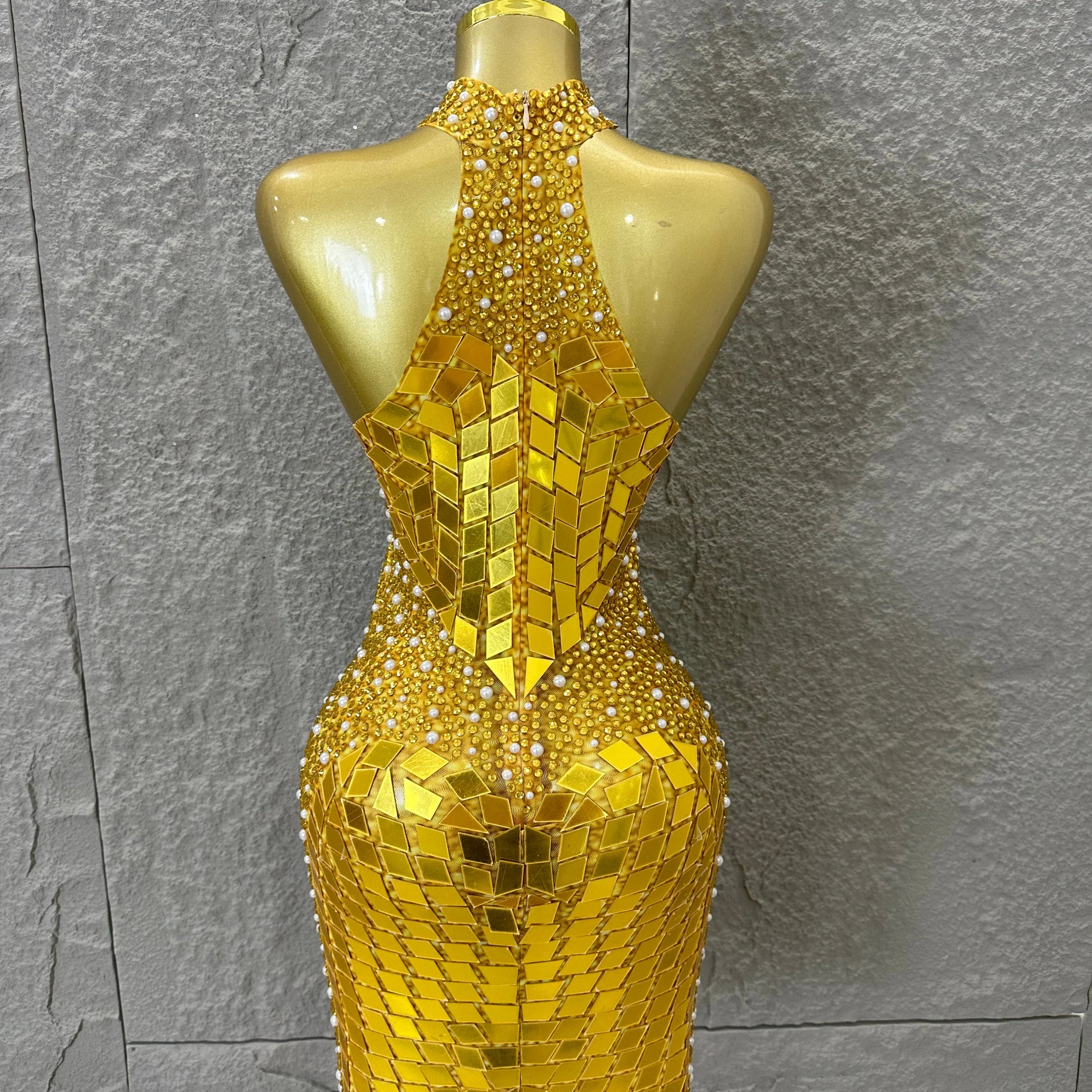 Luxury Gold Halter Neck Mini Dress Diamond Mirror Pearl Beaded Bodycon Nightclub Party Clubwear Outfit