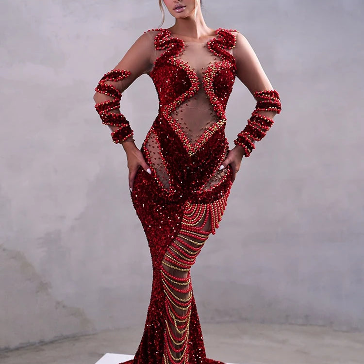 Red Shiny Sequins Pearl Chain See Through Mesh Long Dress Long Sleeves Beading Maxi Elegant Party Evening Gowns Vestido