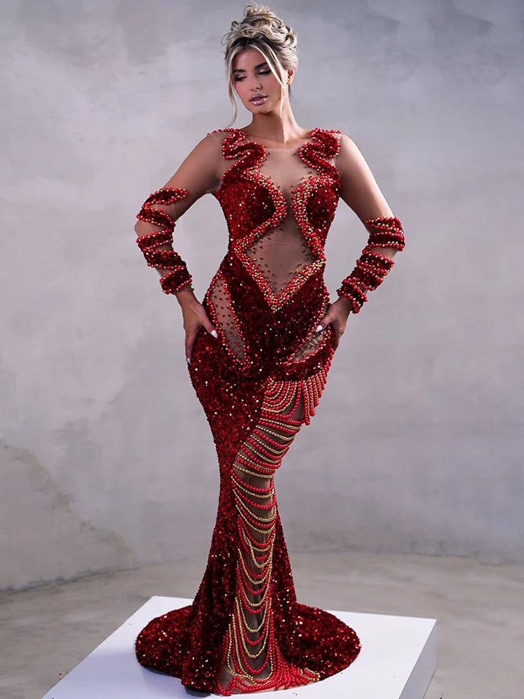 Red Shiny Sequins Pearl Chain See Through Mesh Long Dress Long Sleeves Beading Maxi Elegant Party Evening Gowns Vestido