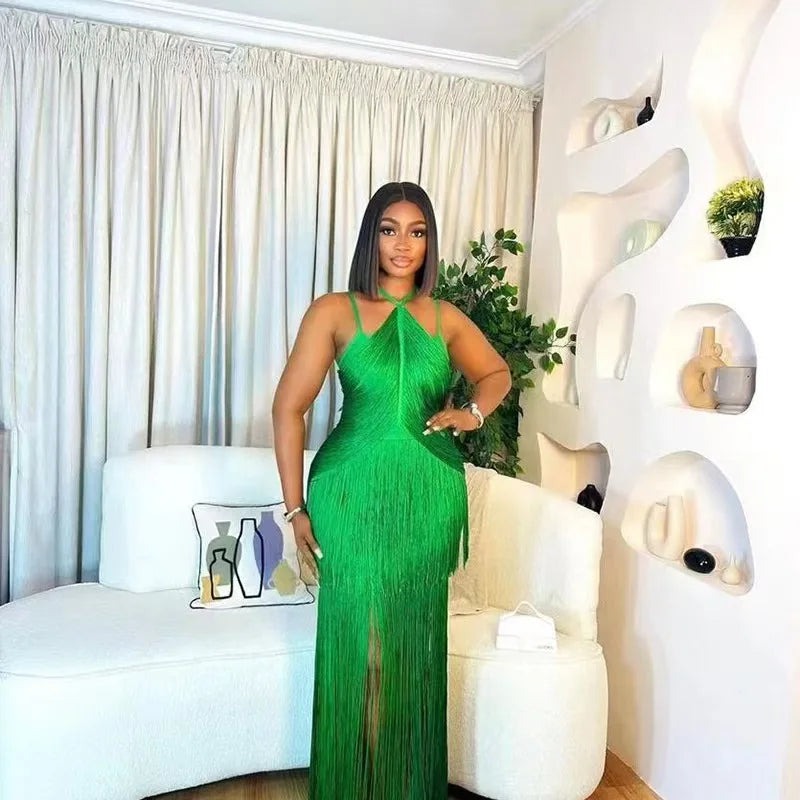 Women Celebrity Luxury Sexy Backless Tassel Green Ankle Length Bodycon Bandage Dress 2024 Elegant Evening Club Party Outfit