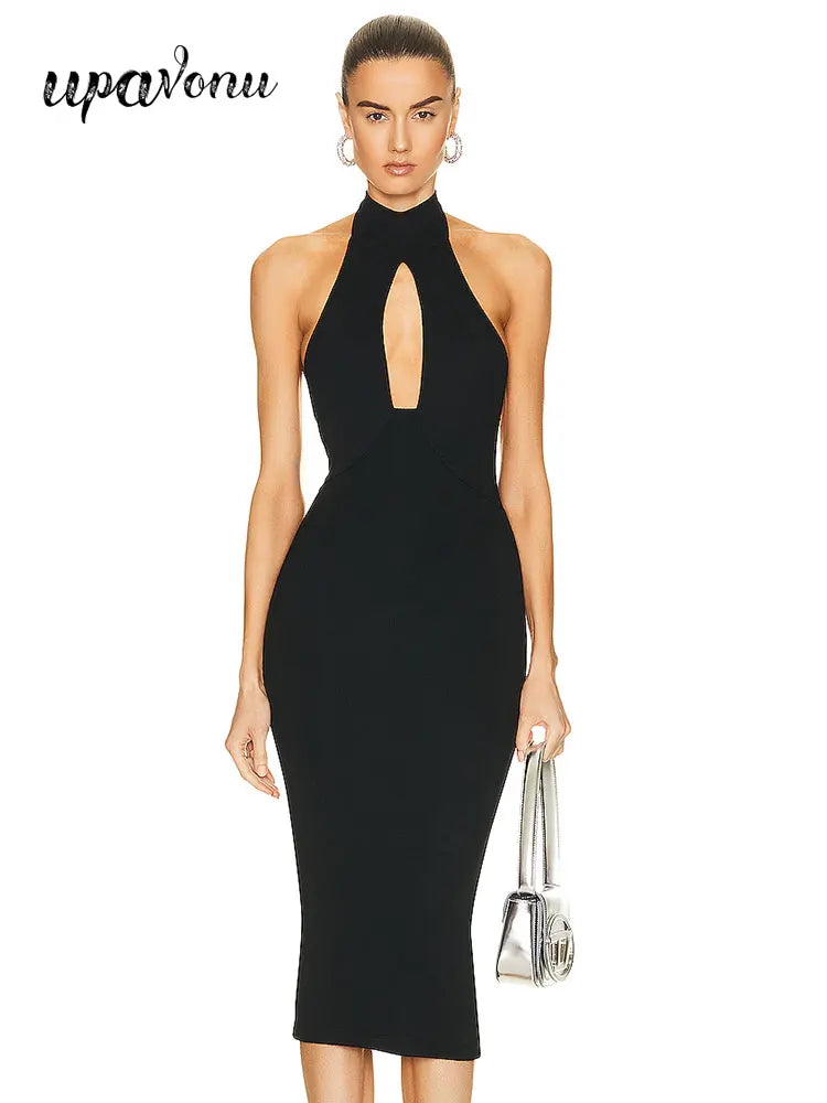 2025 Sexy Women Hanging Neck Sleeveless Bandage Dress Bodycon Off Back Knee Black Dress Celebrity Cocktail Evening Party Vestido