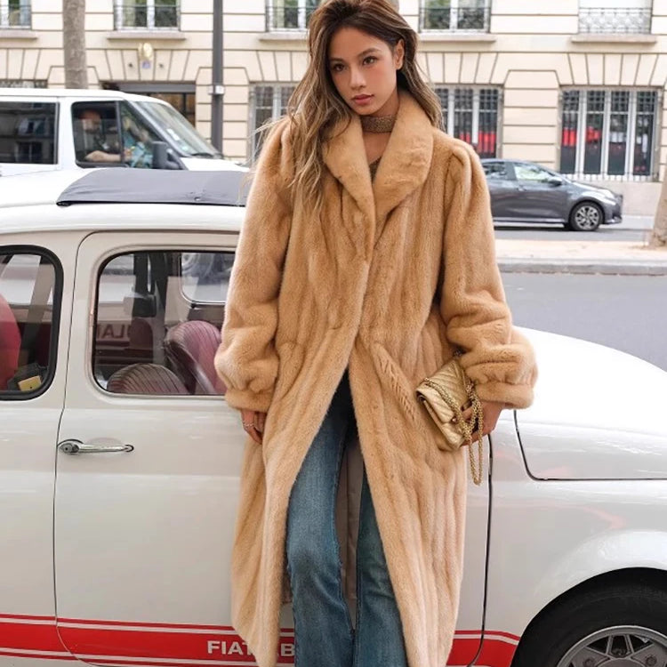 Lautaro Autumn Winter Luxury Soft Thick Warm Faux Mink Fur Coat Women Shawl Collar Elegant Retro Chic Fluffy Furry Overcoat 2025 orange