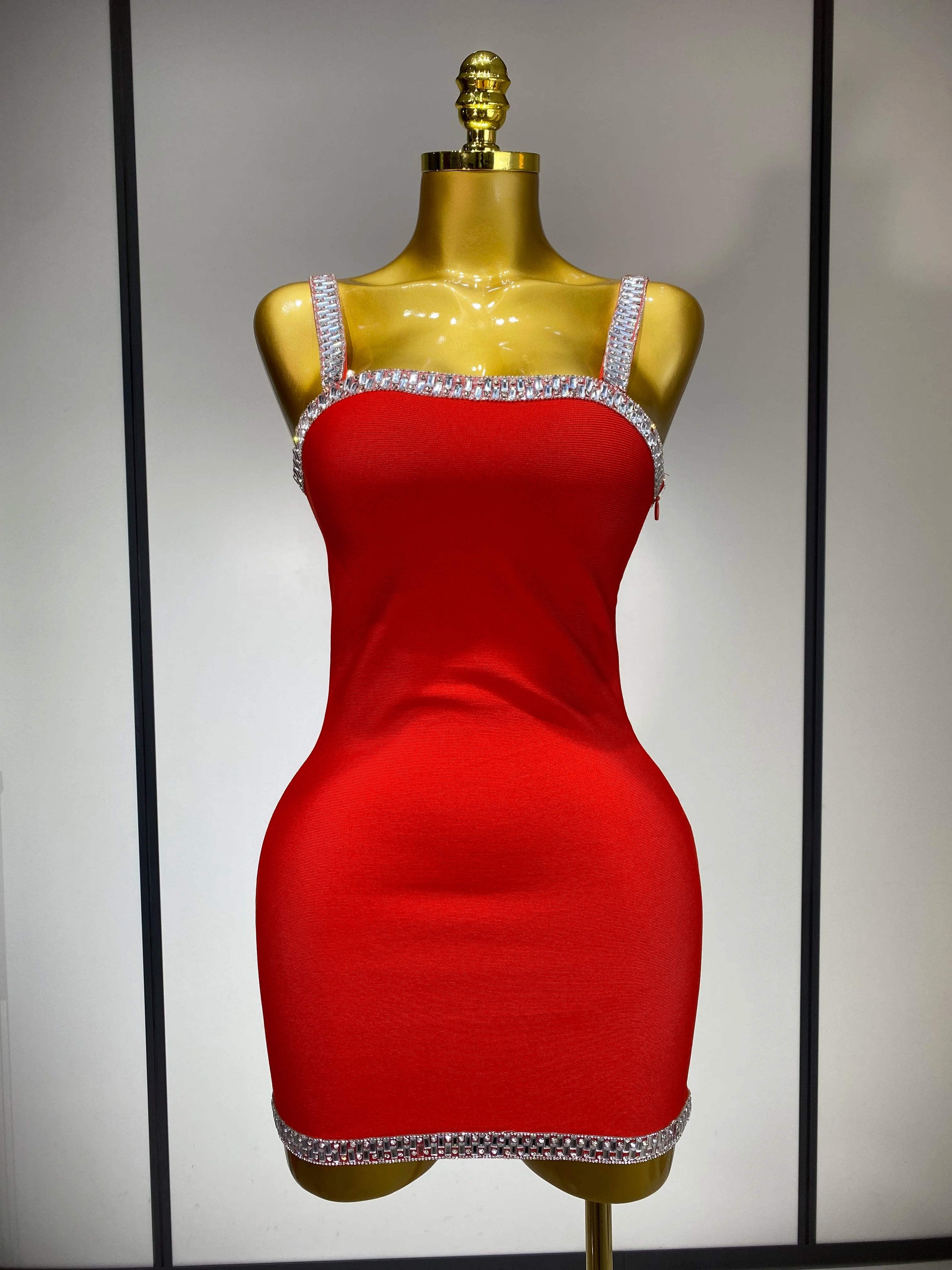 Women Sexy Black Red Sparkly Mini Bodycon Bandage Dress Sleeveless Luxury Diamonds Elegant Evening Club Party Birthday Dress Red