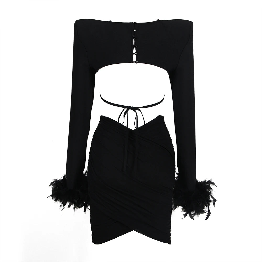 STOCK Fashion Pad Shoulder Feathers Cuff Short Corp Top And Mini Skirt 2 Piece Set Birthday Party Vestido Club Party Outfit