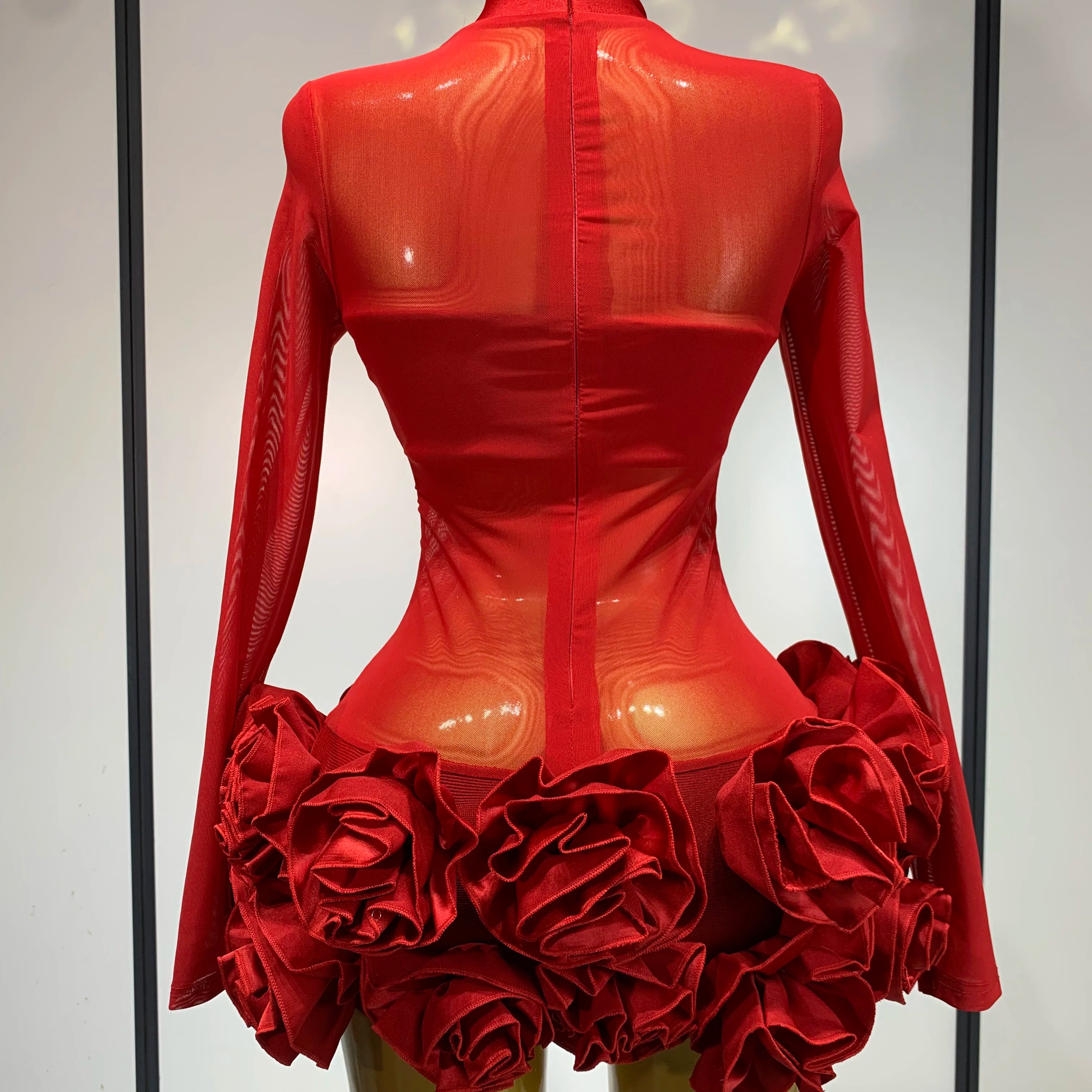 Women Sexy Mesh See through Stereoscopic Flowers Red Mini Bandage Dress Birthday Party Evening Dress Club Singer Perform Costume