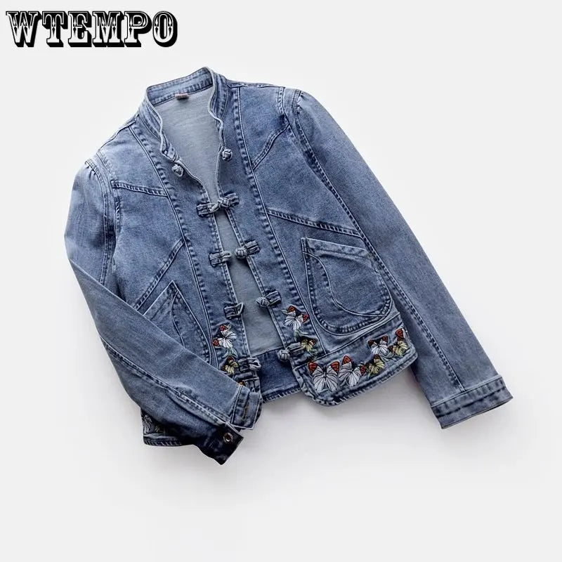 Short Denim Jacket Vintage Chinoiserie Embroidered Stretch Jacket Women's Spring and Autumn All Match Fashion Harajuku Slim Tops