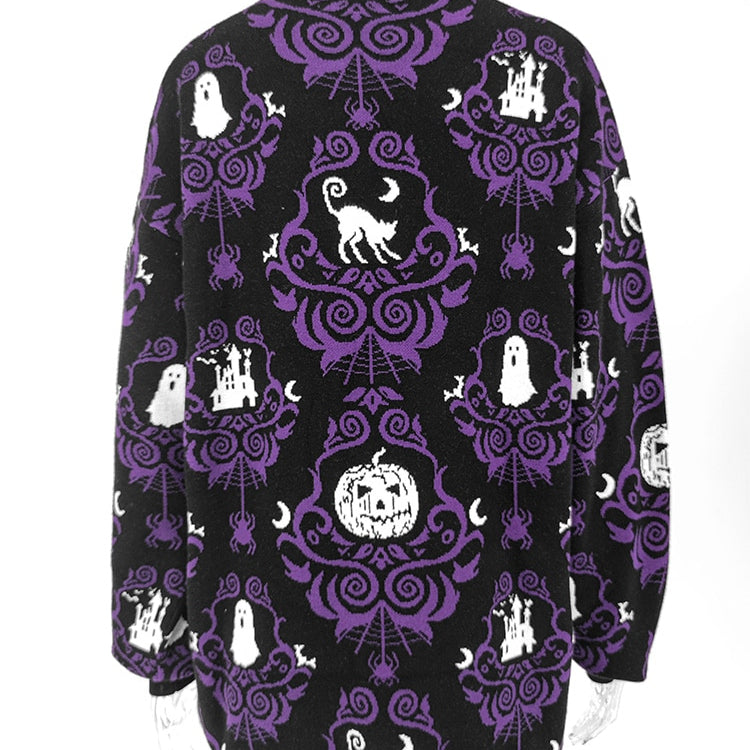 Yangelo Gothic Halloween Women's Pullover Round Neck Pumpkin Pattern Loose Long Sleeve Warm Autumn and Winter Street Y2K Sweater Default Title