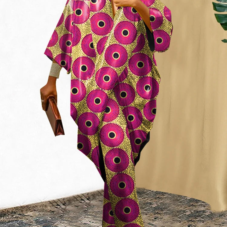 Plus Size 5XL VONDA Women Pants Sets Vintage 3/4 Sleeve Elastic Waist Tops+Trousers Casual Pleated Wide Leg Pants Elegant Suits Pink