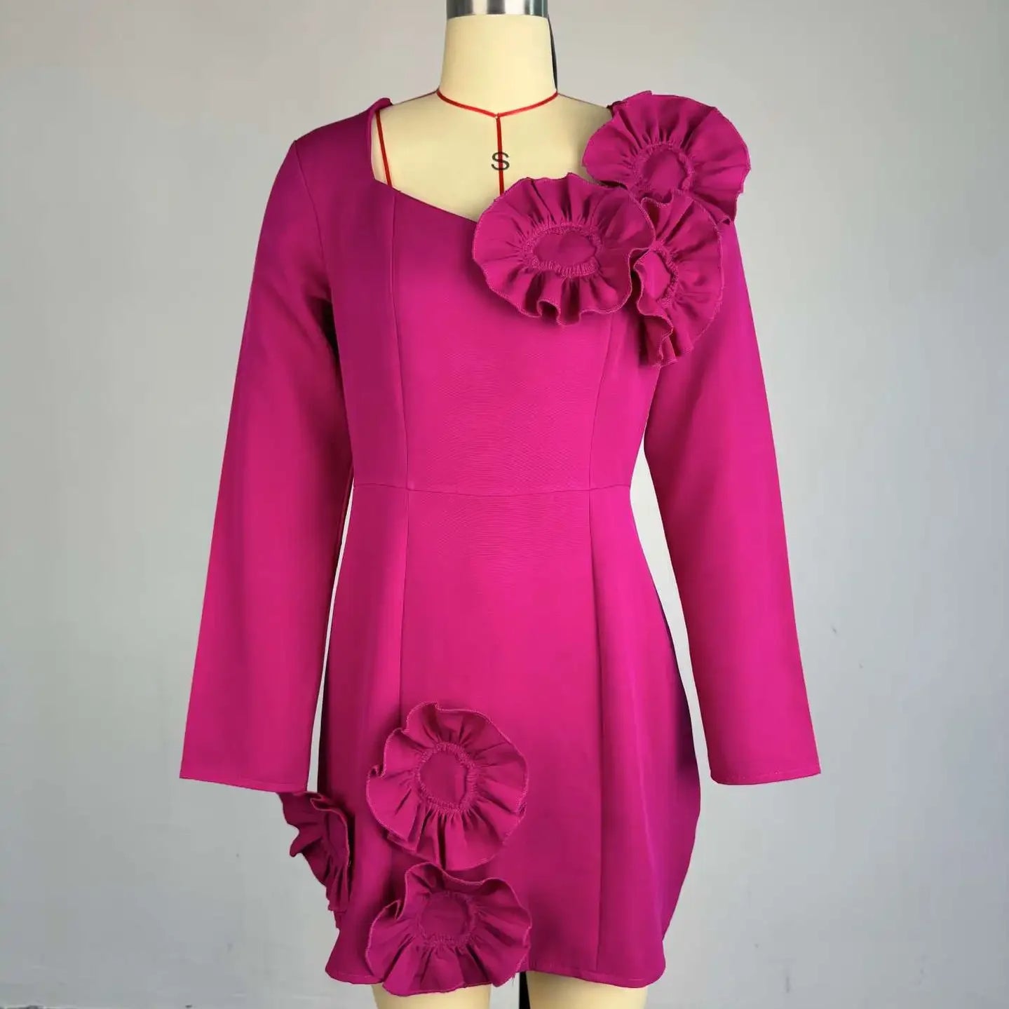 Women Strapless Mult 3D Flower Long Sleeve Bodycon Mini Dress Sexy Birthday Evening Night Party Club Vestidos Dresses