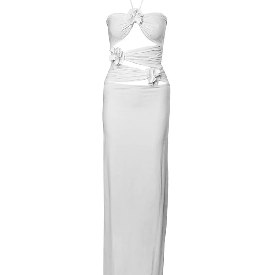 Women Sexy Halter Hollow Out 3D Flowers Long Dress Y2K Summer Off Shoulder Backless Bodycon Elegant Dresses Night Party Clubwear WHITE