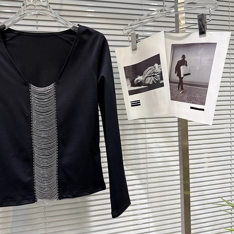 Winter New Fashionable Style V-Neck Beaded Tassel Design Long Sleeve T-Shirt For Women Versatile Tops Female 11A07950