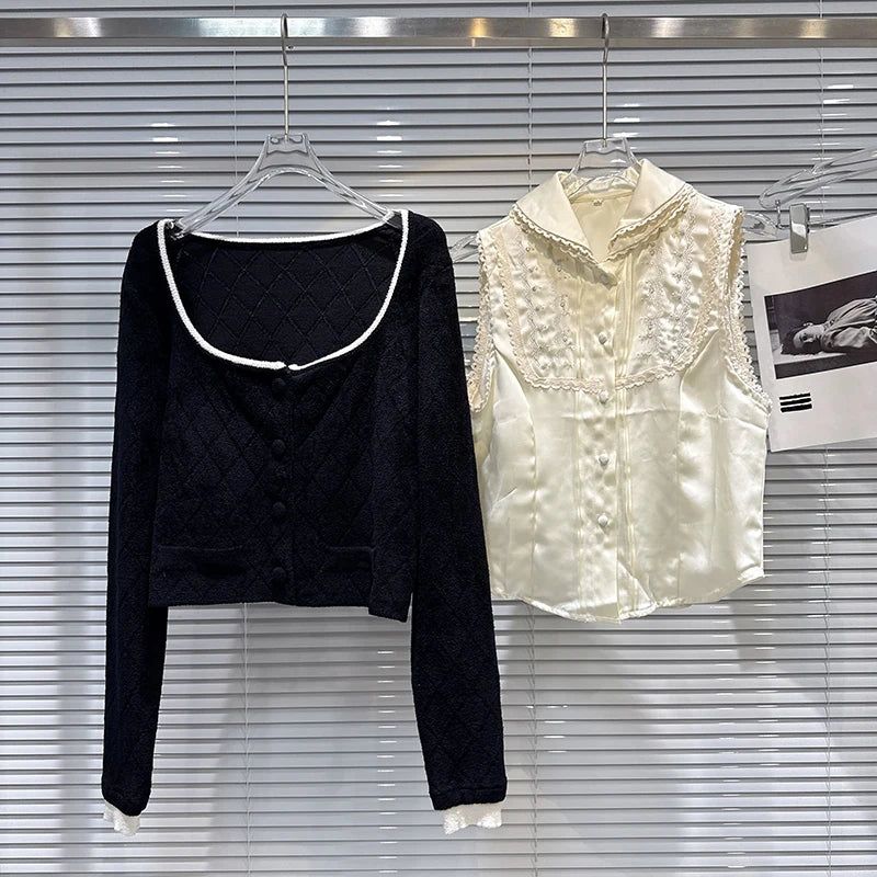 Winter New Sweet Fashionable Lace Turn-Down Collar Vest Elegant Knitted Sweater Two-Piece Set For Women 11A07525