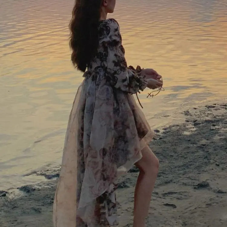 Autumn Floral Fairy Dresses for Women Luxury Designer Slim Korean Princess Dresses Female Chic Elegant Casual Party Dresses