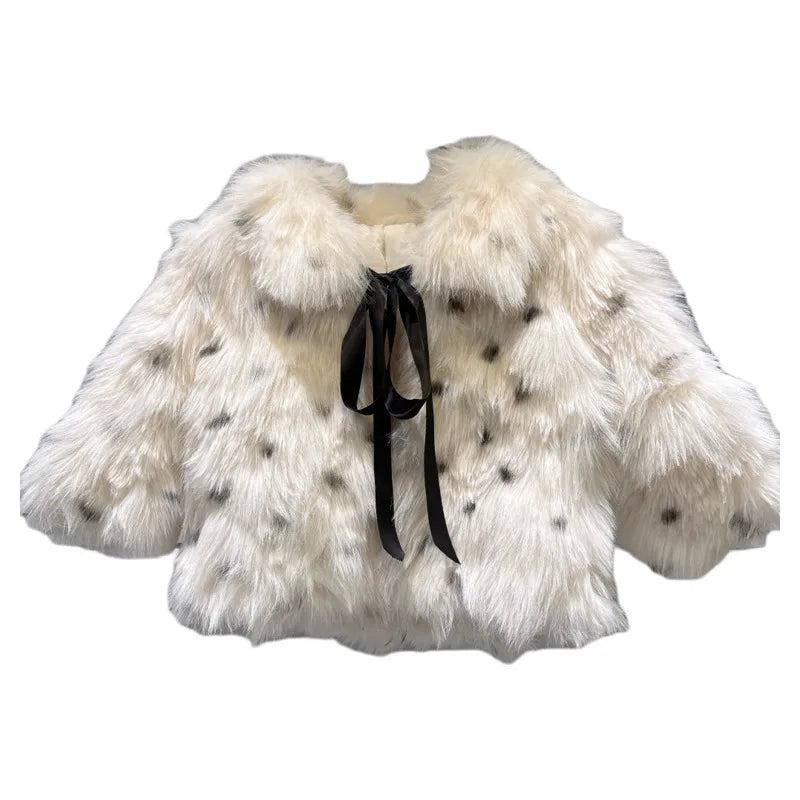 Winter New Fashion Polka Dot Fur Tie Bow Faux Fur Short Coat For Women High Quality Warm Jacket Female 11A07512