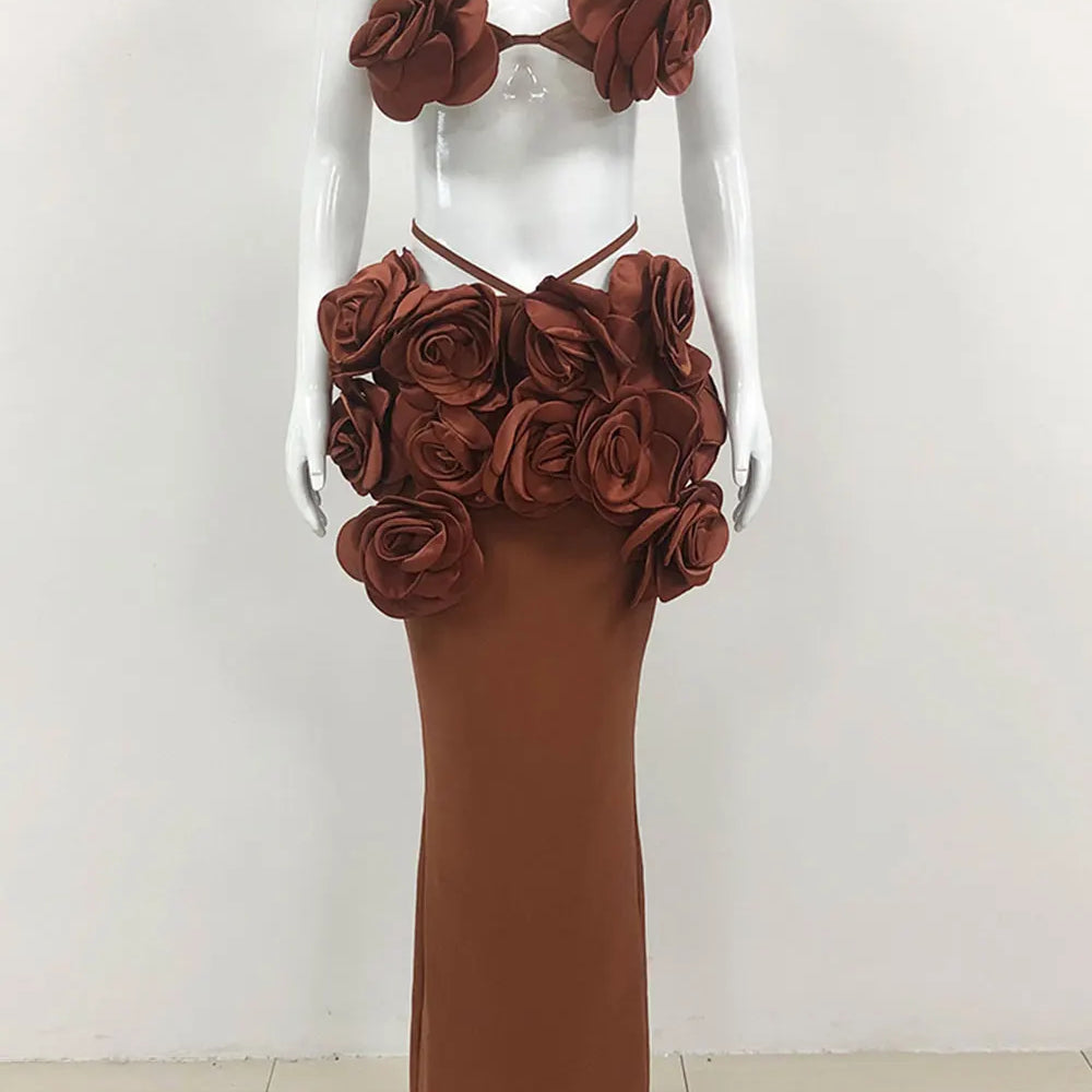Sexy Women'S Three-Dimensional Flower Bandage Long Dress Set Spaghetti Strap Sleeveless Ultra Short Vest + Skirt Two-Piece Set Brown