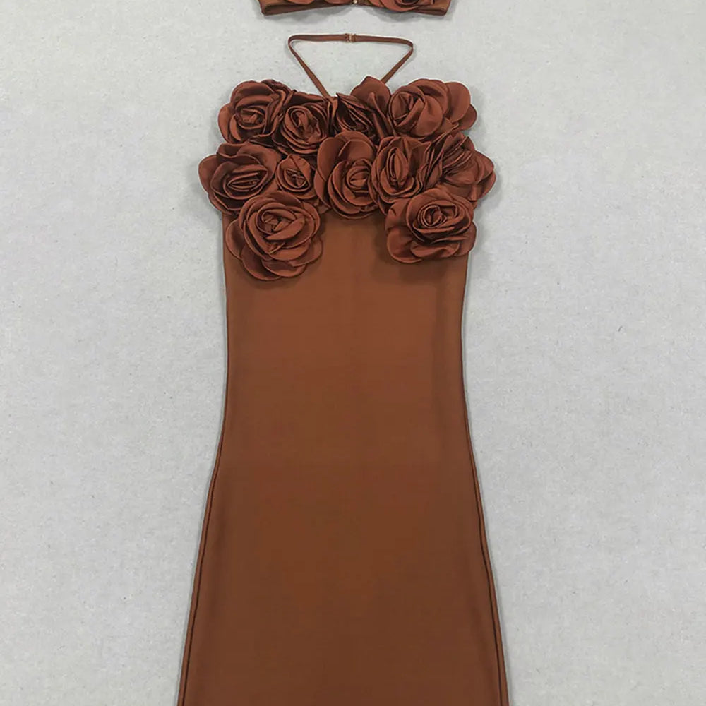 Sexy Women'S Three-Dimensional Flower Bandage Long Dress Set Spaghetti Strap Sleeveless Ultra Short Vest + Skirt Two-Piece Set