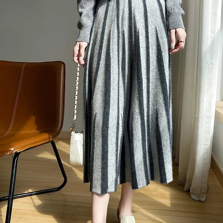 100% Pure Wool Half Skirt Women's High Waisted Knitted Long Skirt Fashion Striped A-Line Skirt Umbrella Skirt Autumn Winter New