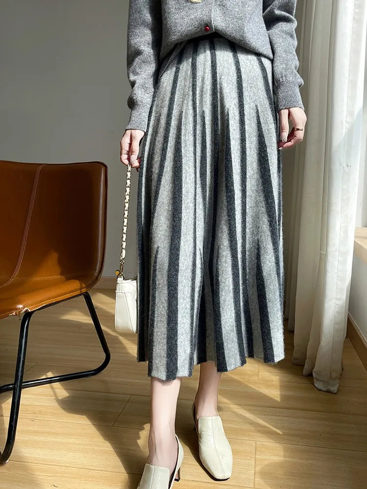 100% Pure Wool Half Skirt Women's High Waisted Knitted Long Skirt Fashion Striped A-Line Skirt Umbrella Skirt Autumn Winter New