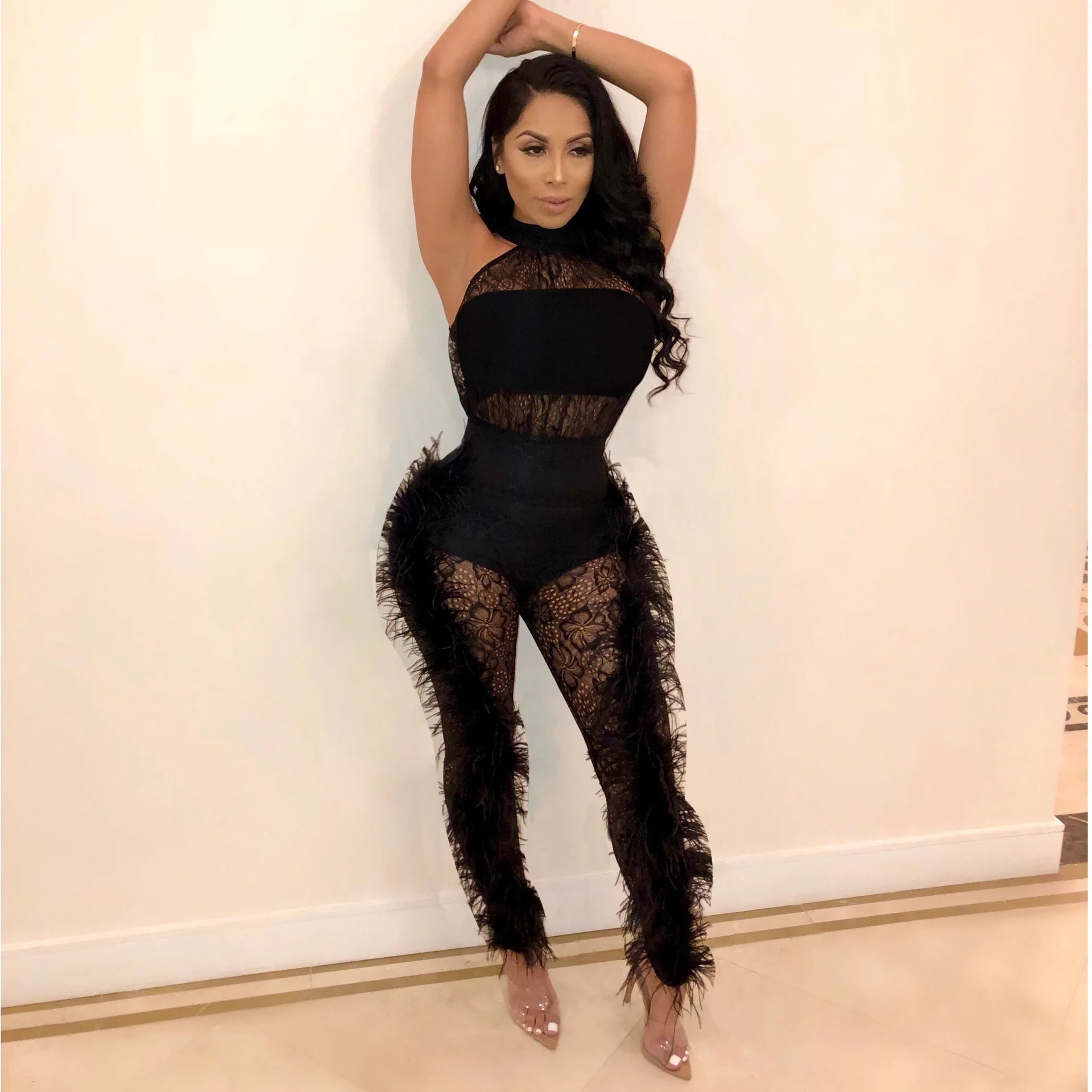 Fashion Women Sleeveless Lace See Though Fur Side Skinny Stretchy Jumpsuit Streetwear Sexy One Piece Suit INS Playsuits black