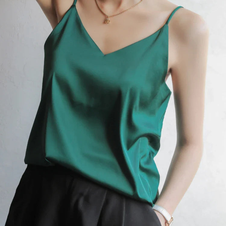 Grey Camisoles for Women Acetate SATIN Loose Summer Spaghetti Strap Tank Top Solid V-neck Fashion Sexy Backless Tanks & Camis Dark green
