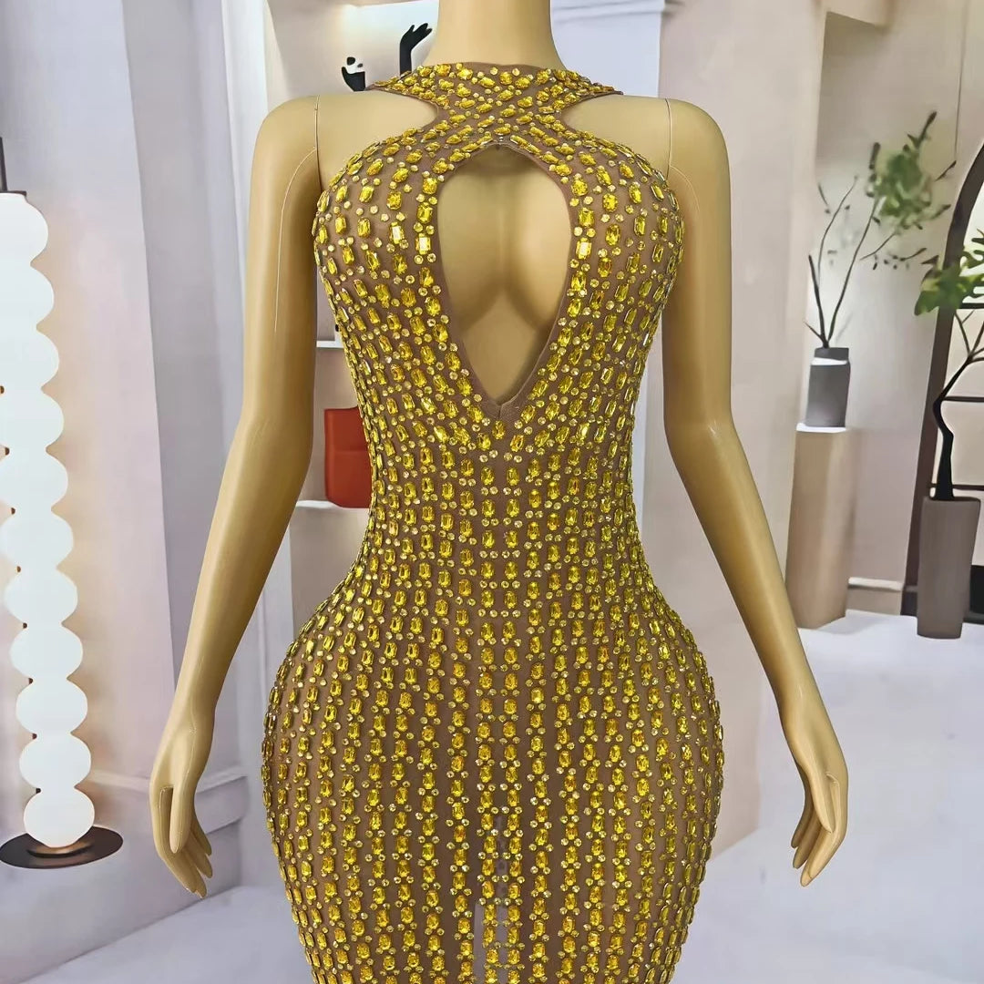 New Sexy Hollow out Mini Dress Women's Bodycon Wrap Dress Birthday Party Sparkly Golden Rhinestone Club Evening Dress liusixian