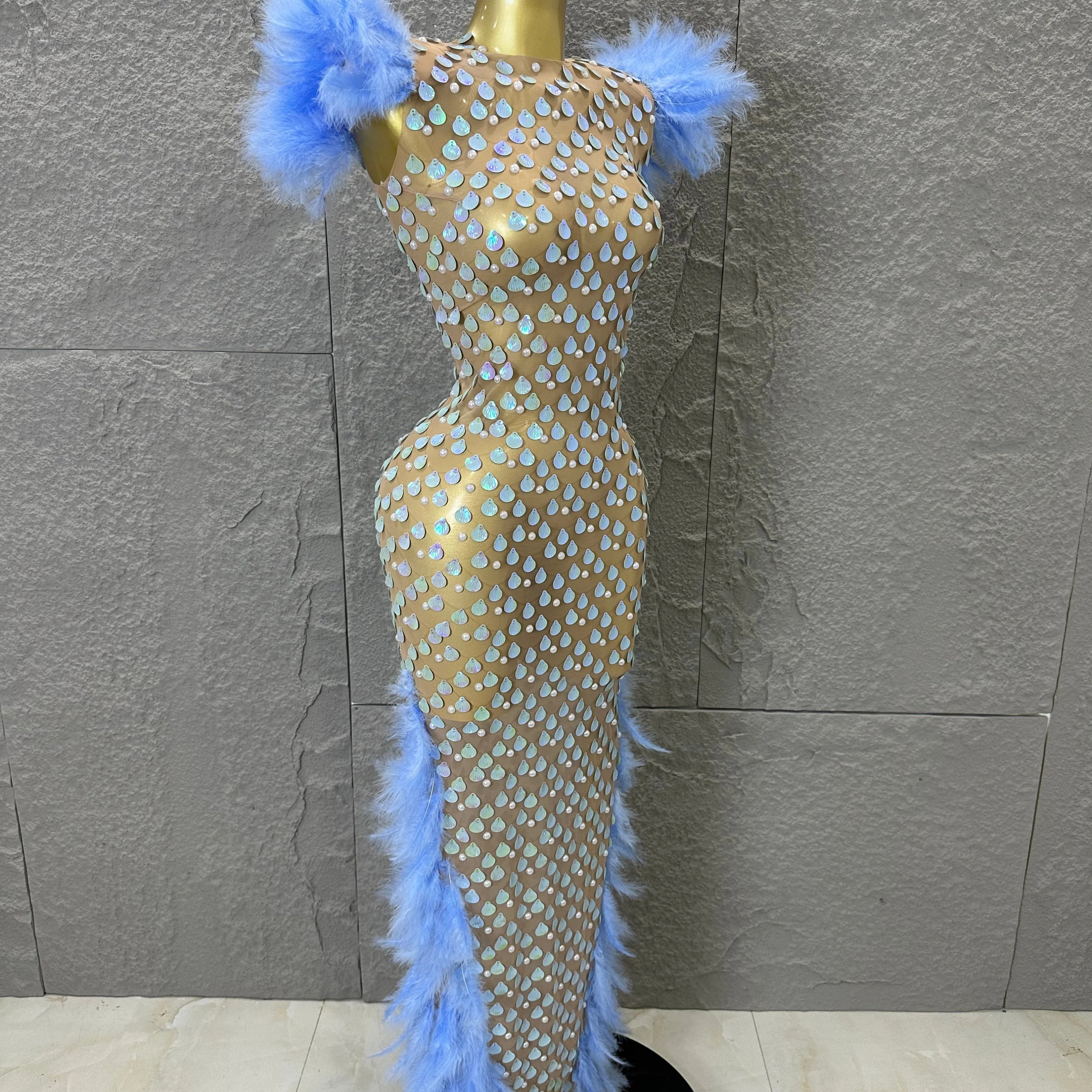 Women Blue Feather Trim Teardrop Sequin Embellished Bodycon Stage Performance Gown Nude Sheer Mesh Maxi Dress