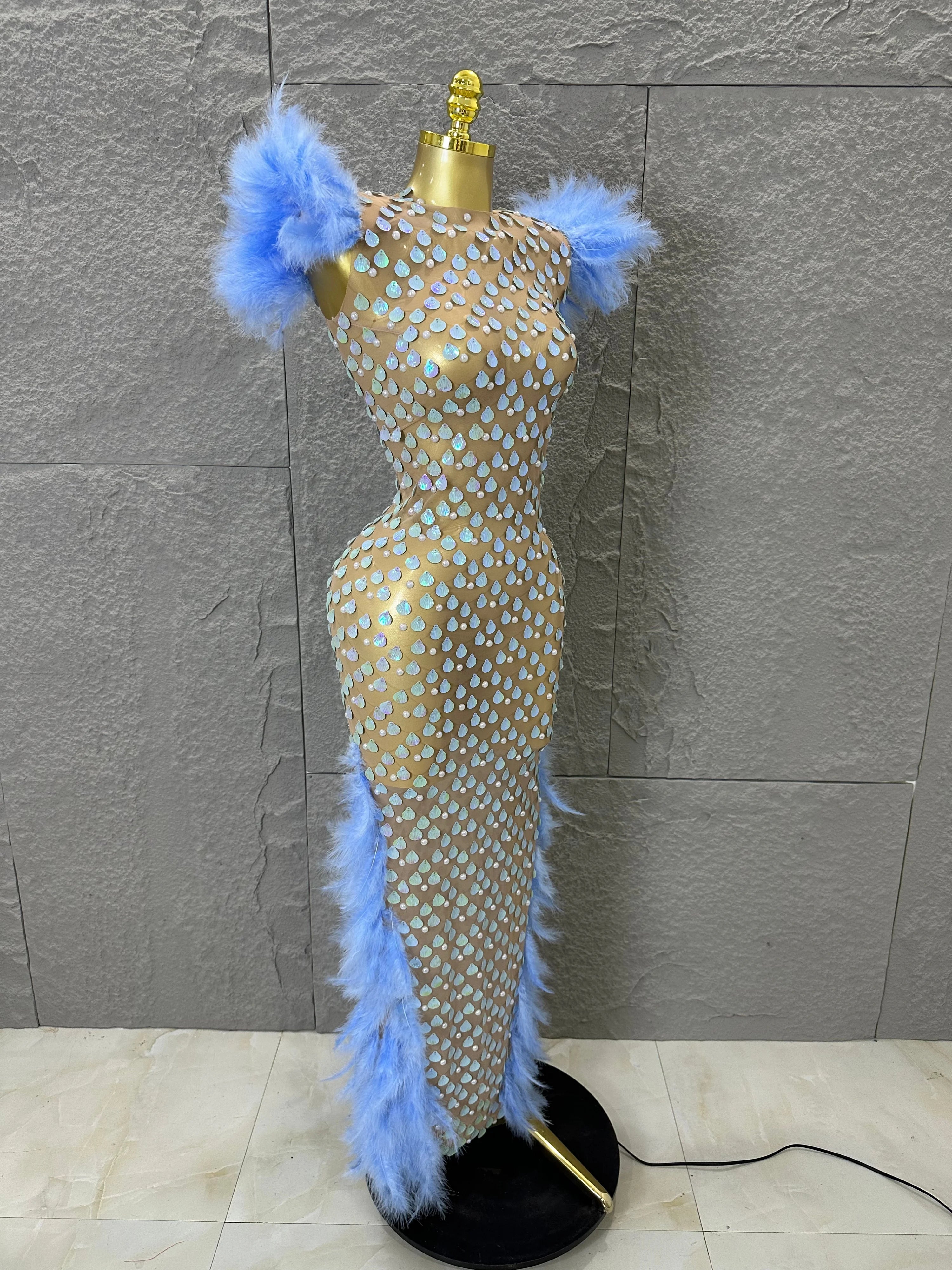 Women Blue Feather Trim Teardrop Sequin Embellished Bodycon Stage Performance Gown Nude Sheer Mesh Maxi Dress