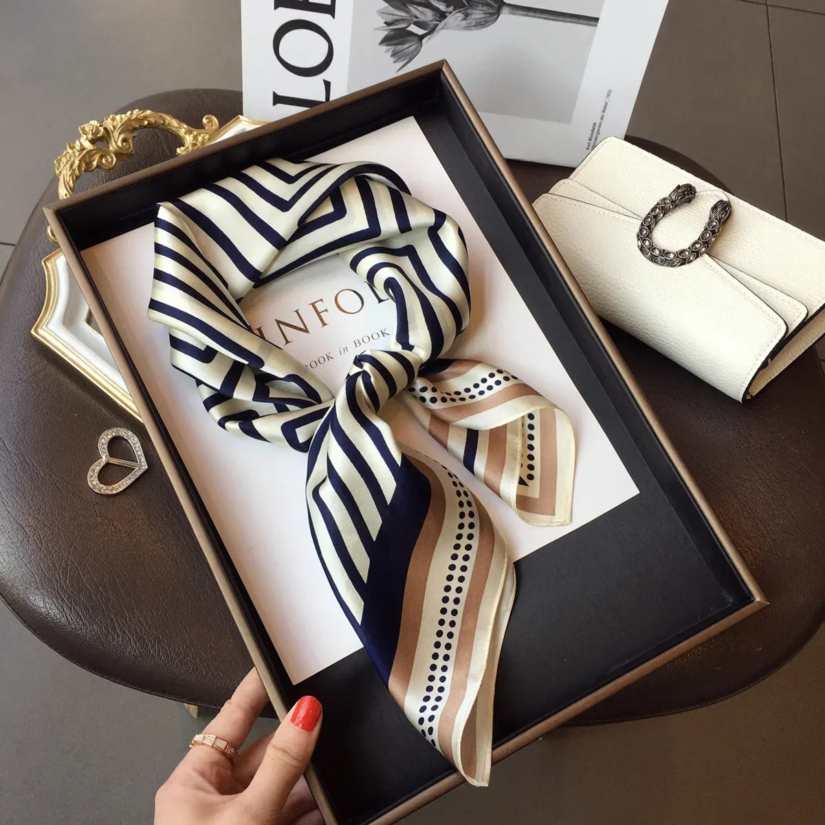 Design Neck Tie Wrist Wrap Hair Ribbon Luxury Brand 100% Real Silk Square Scarf Women Headband Neckerchief Shawl Ladies Bandana 2 Real Silk 70x70cm