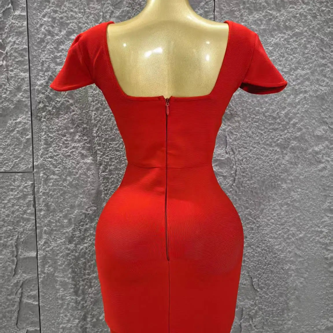 Black Red Color Women Sexy Short Sleeve Square Collar Bodycon Mini Bandage Dress Nightclub Party Celebrate Birthday Fashion Wear