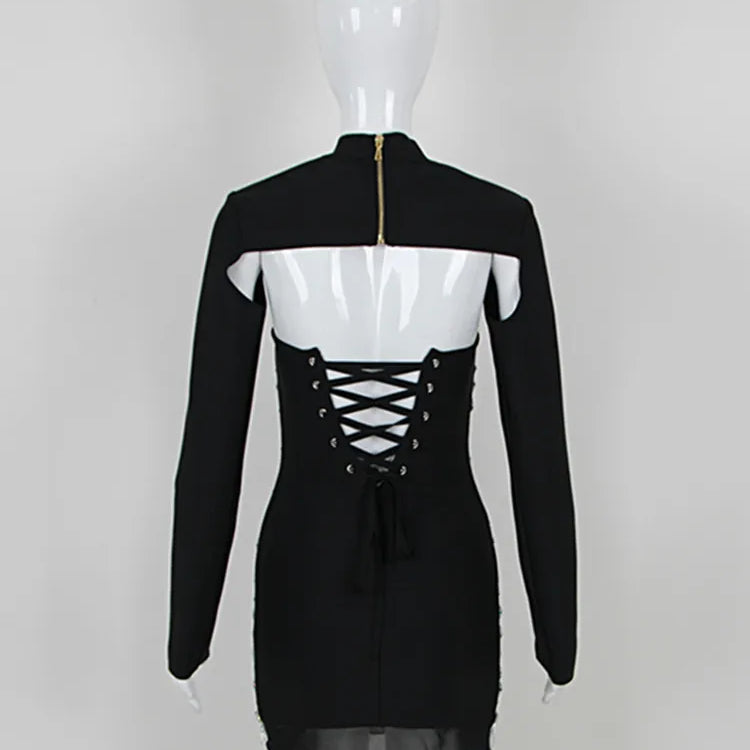 Women Celebrity Sexy Turtleneck Beading Rhinestone Black Mini Bodycon Bandage Dress 2023 Elegant Evening Club Party Dress