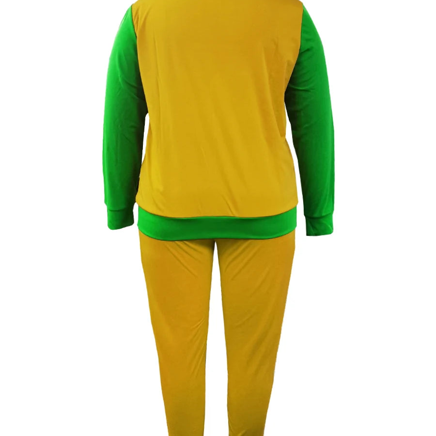 LW Plus Size Zipper Design Patchwork Pants Set Women Color Block Mandarin Collar Tracksuits Long Sleeve Two Pieces Outfits