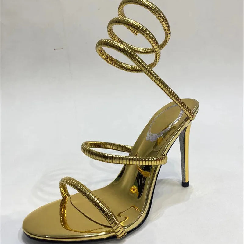 Snake Strap High Heel Sandals Women Summer 2024 Ankle Strap Banquet Party Shoes Narrow Band High Heels Ladies Gladiator Sandals Gold