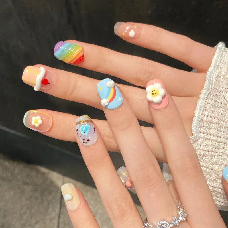 10Pcs French Handmade Press on Nails Cute Color Stars Diamond Fashion Nail Sweet Short Ballet Wearable Acrylic Nails Art Summer